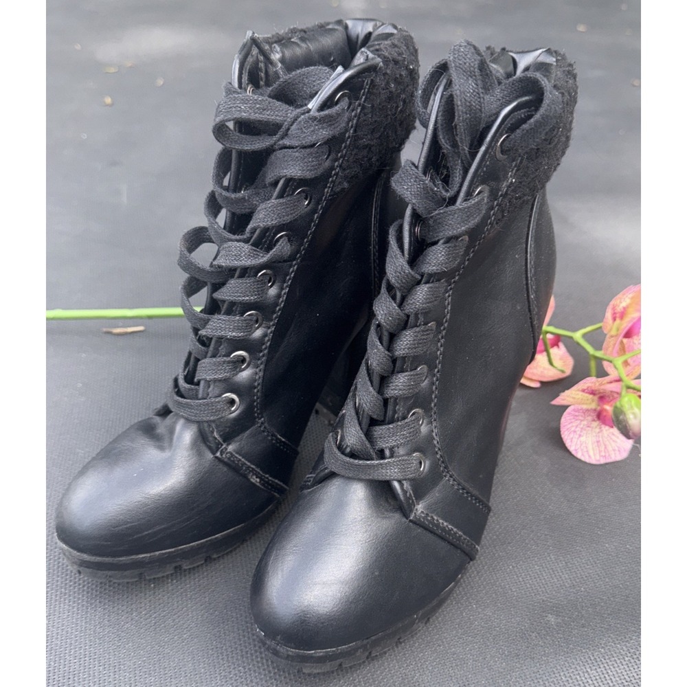 Bamboo Women's Boots 7.5 Black Lace Up Side Zip Heeled Combat Gaby - Picture 1 of 8
